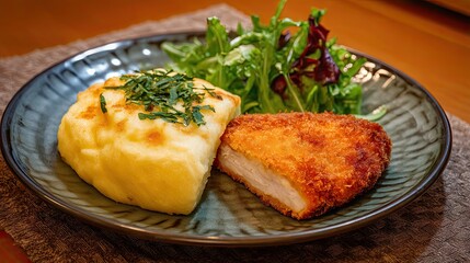 Delicious plate of fried fish fillet with fluffy mashed potato and fresh green salad on a stylish ceramic dish