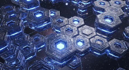 Futuristic 3D rendered image of glowing blue hexagonal blocks in a technological futuristic background setup perfectly