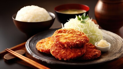 Crispy Japanese Croquette Served with Rice, Shredded Cabbage, and Miso Soup in Traditional Setting