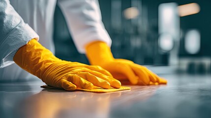 Person Wearing Yellow Gloves Cleaning a Surface with a Cloth in a Modern Kitchen Environment