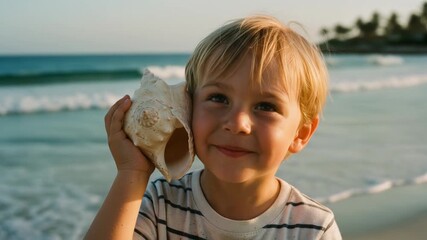 Smiling boy with seashell at beach in sunset light, ocean waves of summer, striped shirt on sandy shore with playful carefree breeze - Powered by Adobe