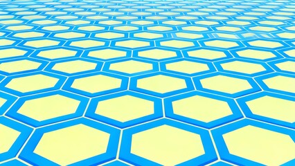 A repeating pattern of yellow hexagons with blue borders on a flat surface, creating a geometric tessellation effect.