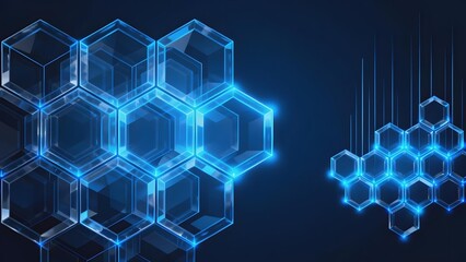 Blue hexagonal molecular structure with glowing edges on a dark background