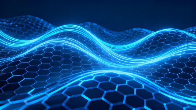 Abstract blue wave patterns over a hexagonal grid surface with glowing lines
