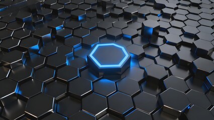 Fototapeta premium Hexagonal grid with glowing blue center cell on dark surface
