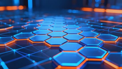 Fototapeta premium Futuristic hexagonal grid with glowing blue and orange lights on a high-tech surface