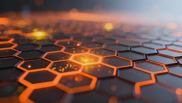 Hexagonal grid pattern with glowing orange light effects on a dark surface
