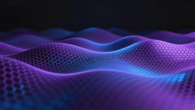 Abstract wavy surface with hexagonal pattern illuminated in purple and blue hues