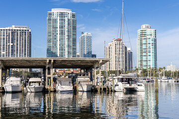 Saint Petersburg skyline Florida marina with boats at Tampa Bay in downtown St Petersburg, United States