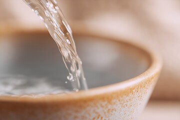 Refreshing pure water flows into a rustic, handmade ceramic bowl, creating gentle ripples. A close-up view emphasizing clarity and natural texture