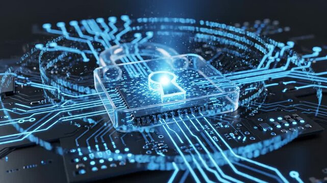 Digital Security Lock on Abstract Blue Circuit Board with Glowing Data Streams and Binary Code