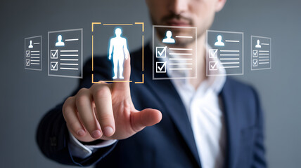 Businessman interacting with virtual interface of human profile icons and checklists on gray background transparent background