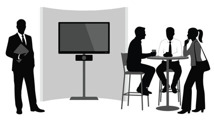 Business people silhouettes networking at corporate event with display screen