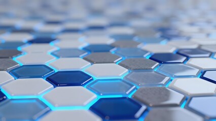 Fototapeta premium Close-up of hexagonal tiles with blue and gray tones, featuring reflective surfaces and glowing edges.