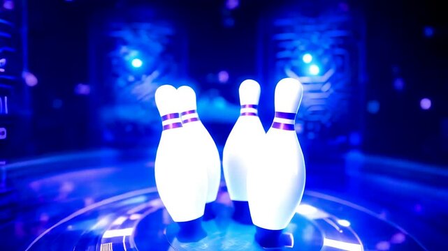 Glowing bowling pins standing on illuminated lane with digital lighting effects highlighting modern sports competition atmosphere
