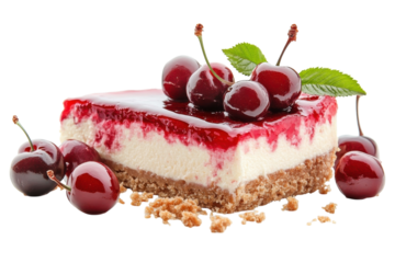 Classic cherry cheesecake for dessert presentation on neutral white surface isolated on transparent background