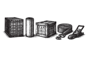 A black and white sketch depicts vintage wooden crates, a cardboard tube, and a cargo strap with ratchet and hook, suggesting logistics and manual labor.
