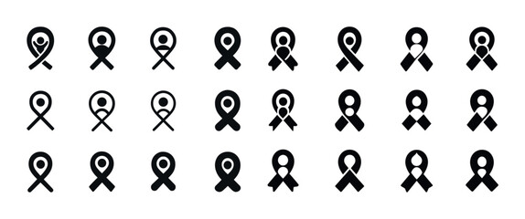 Black and white awareness ribbon icons set for various causes