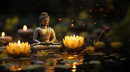 Buddha statue meditating in a tranquil forest pond