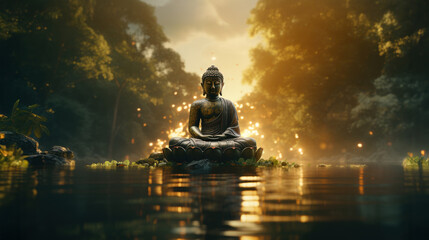Buddha statue meditating in a tranquil forest pond