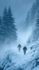 Mountain bikers descend snowy forest trail in fog, winter cold, extreme motion, adventure, freedom, teamwork, evening, atmosphere.
