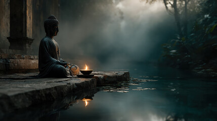 Buddha statue meditating in a tranquil forest pond
