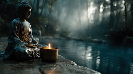 Buddha statue meditating in a tranquil forest pond