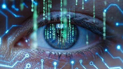 A mesmerizing close-up of a human eye with digital data streams and circuit board patterns overlaying the iris. - Powered by Adobe