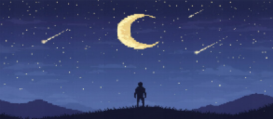 A pixel art landscape features a lone figure on a hilltop observing a crescent moon and shooting stars across a vast, dark blue night sky above silhouetted mountains © drawing lines