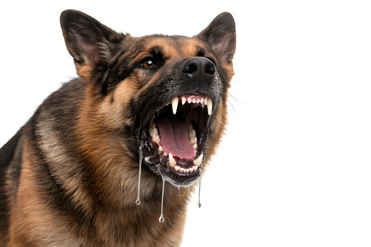 An aggressive dog in mid-bark, visible salivary drool dripping from the jaws, concept of rabies awareness, animal bite danger
