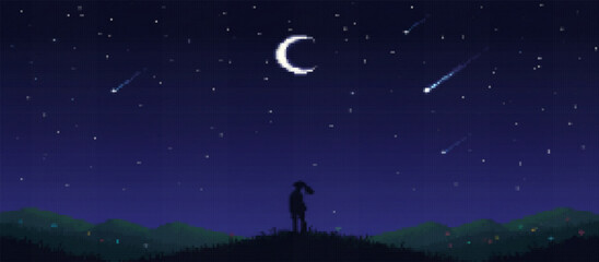 A pixel art landscape features a lone figure on a hilltop observing a crescent moon and shooting stars across a vast, dark blue night sky above silhouetted mountains © drawing lines