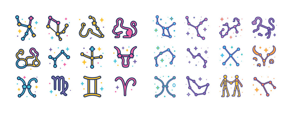 Colorful zodiac constellation icons with stars and symbols