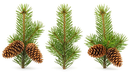 Naklejka premium Pine tree branches with pinecones on white background