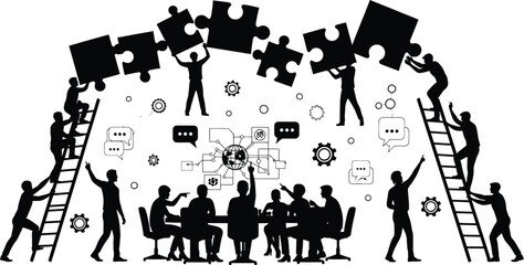 Silhouetted team members collaborate intensely assembling large puzzle pieces atop ladders while others discuss strategy around a global connection diagram