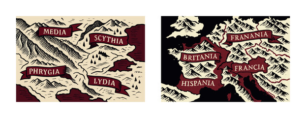 Ancient cartography maps of scythia, media, phrygia, lydia, franania, britannia, francia, hispania