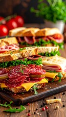 Variety of deli sandwiches featuring salami, ham, and cheese
