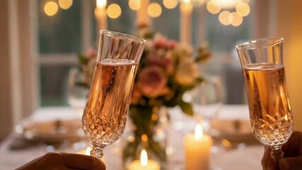 Elegant 4K Couple Toasting with Pink Champagne Glasses During a Romantic Candlelit Dinner