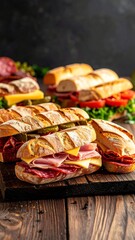 Variety of deli sandwiches featuring salami, ham, and cheese