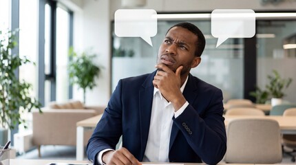 Fototapeta premium Confused African American businessman sitting in a modern office with virtual white speech bubbles above his head representing thinking process, decision making, problem solving.