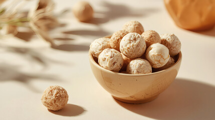 Healthy snack concept with freeze dried yogurt balls isolated, nutritious dairy food for clean eating