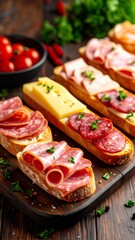 Variety of deli sandwiches featuring salami, ham, and cheese