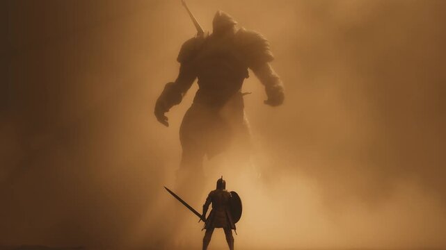 A small armored warrior stands defiantly with a sword and shield, facing the massive, towering silhouette of a colossal giant emerging through a dense, golden desert sandstorm.