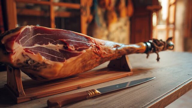 A high-quality culinary shot of a traditional Spanish Jam&oacute;n Ib&eacute;rico (cured ham) resting on a wooden ham holder (jamonera) with a sharp carving knife, set in a rustic, sunlit Mediterranean kitchen.