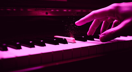 Close-up of a Hand Touching a Piano Key, Creating Magical Pink Sparkles, Symbolizing Musical Passion, Creativity, and Performance in Dramatic Magenta Neon Lighting