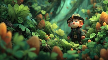 Curious young leprechaun exploring a magical forest filled with shamrocks, mushrooms, and glowing green light Generative AI