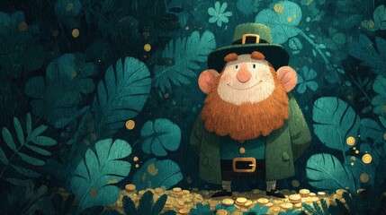 Happy leprechaun with red beard standing in forest surrounded by gold coins and green leaves, wearing traditional green outfit Generative AI