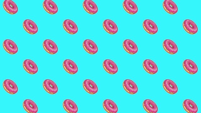 Pop-art style donut pattern animation. These hand-drawn aesthetic donuts with strawberry frosting glide effortlessly over a vivid blue backdrop. High-energy visual ideal for social media ads