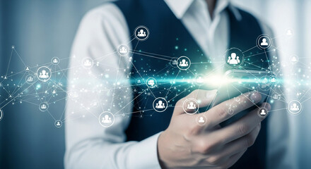 Businessman interacting with social network connections on smartphone