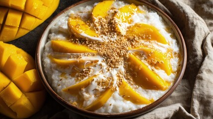 Mango Sticky Rice dessert ripe mango slices over sweet glutinous rice coconut milk drizzle sesame seeds tropical Thai treat flat lay fresh and inviting in Thailand