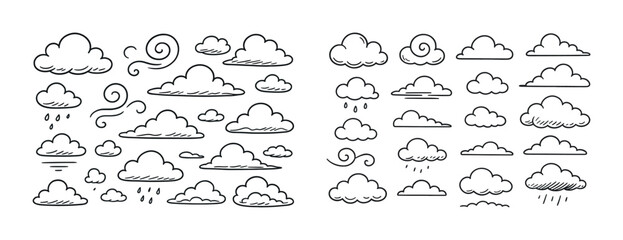 Obraz premium Collection of doodle clouds and weather icons illustrating various atmospheric conditions